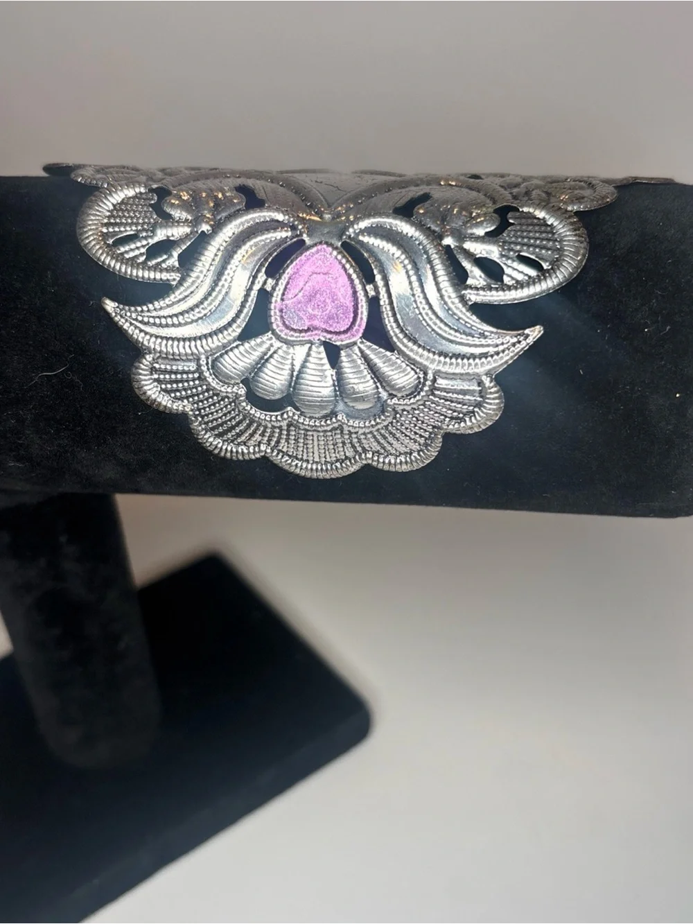 Vintage Silver Tone‎ Floral Filigree Cuff Bracelet Purple Enamel Wide Boho